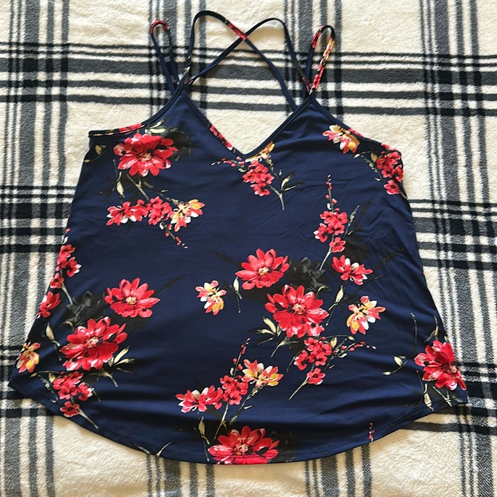 Papermoon navy red floral double strap flowy tank size small